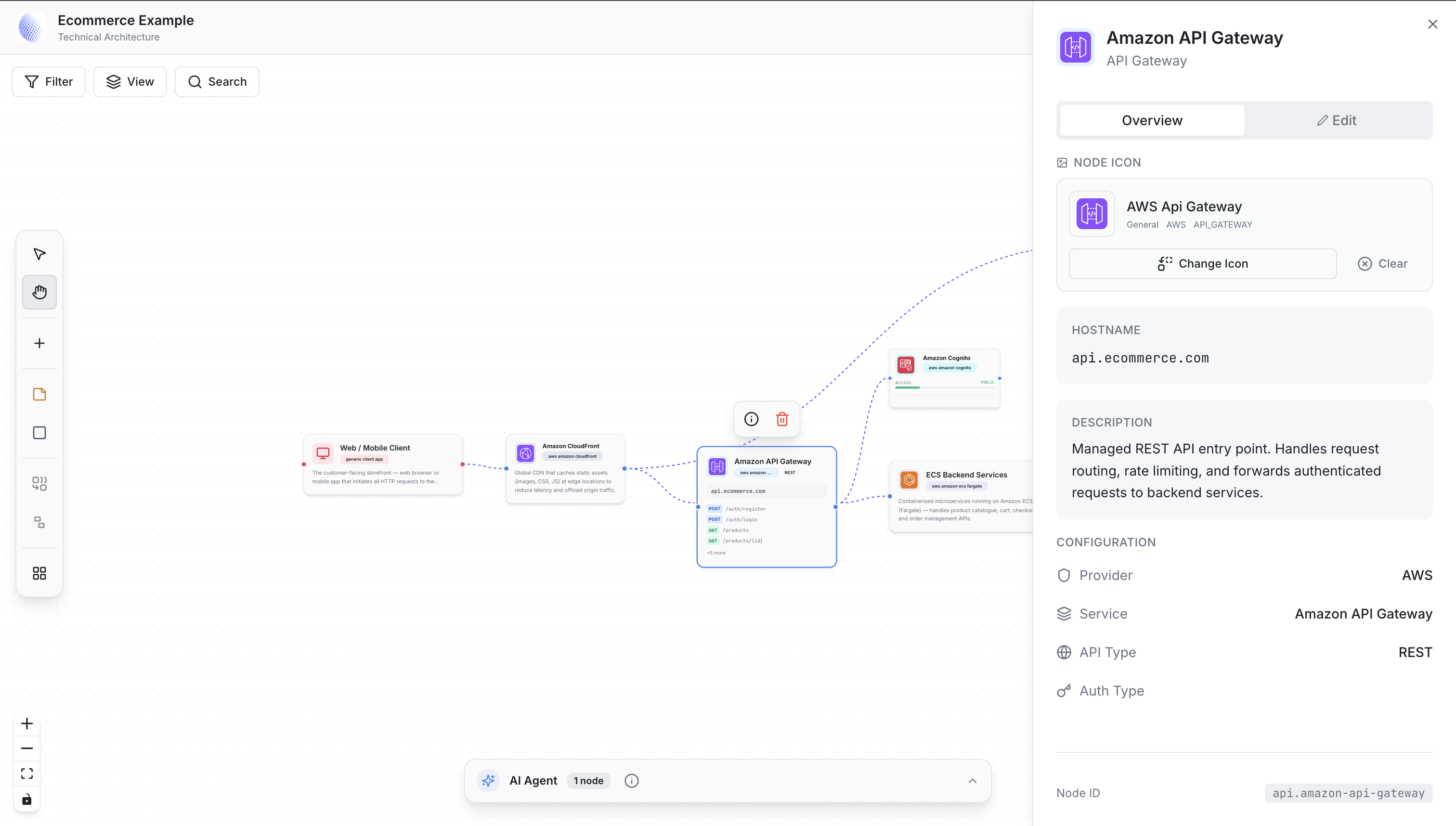 Grafica metadata drawer showing AWS configuration fields for an ecommerce service node.