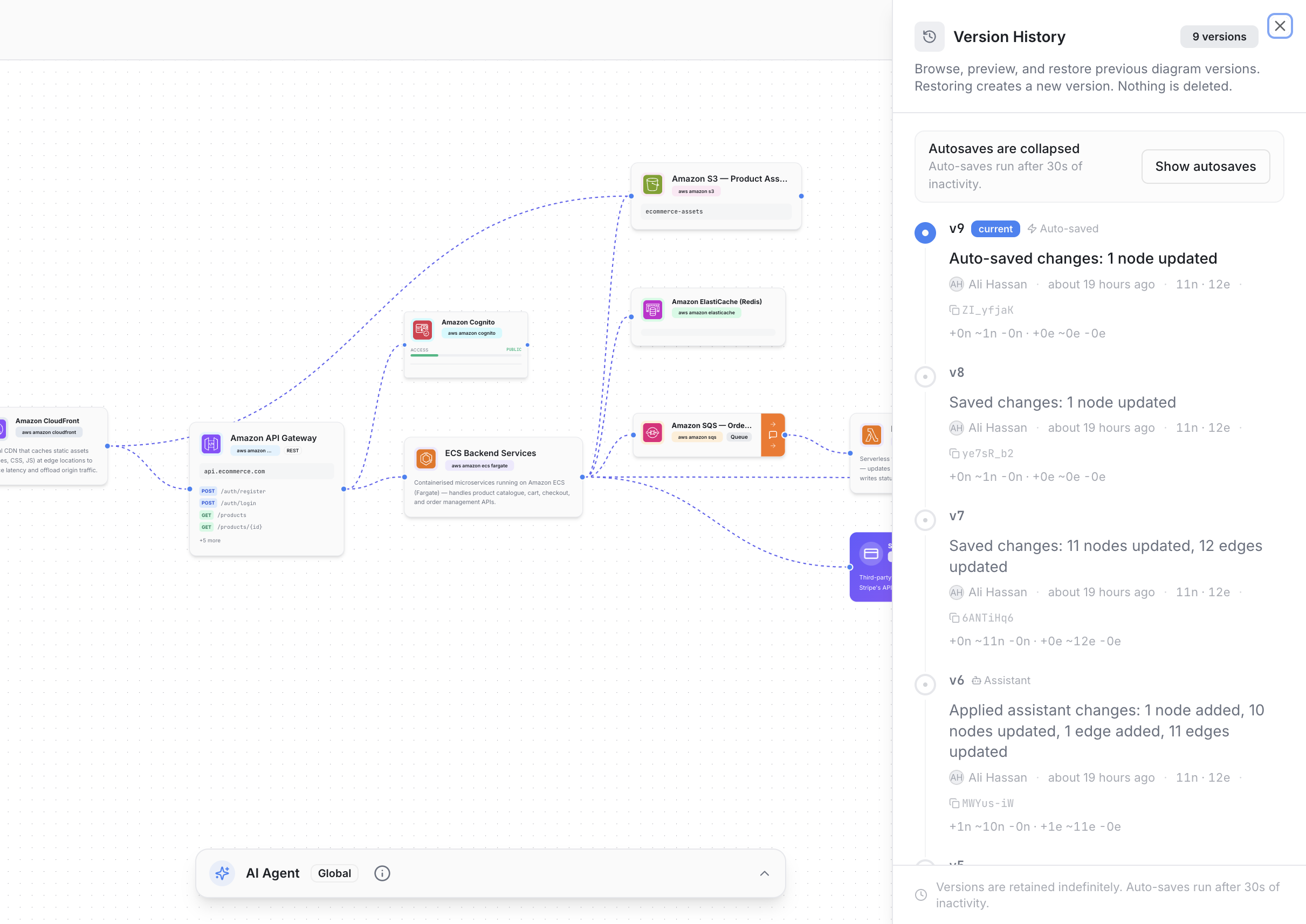 Grafica version history view showing saved blueprint snapshots.
